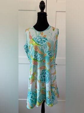 EUC AnaClare Sleeveless Sea Turtle Print Shift Dress in Aqua & Lime, Large